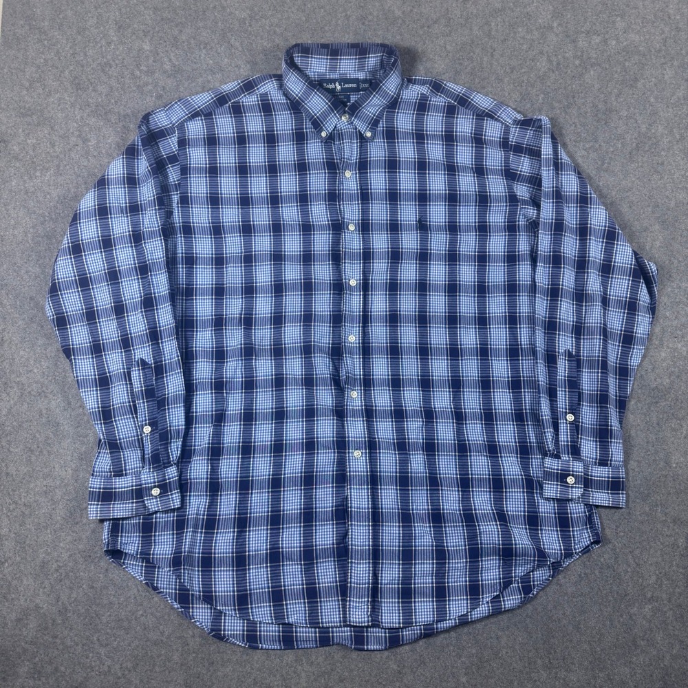 Ralph Lauren Shirt Mens XXL Blue Blake Plaid Long Sleeve Cotton Button Down